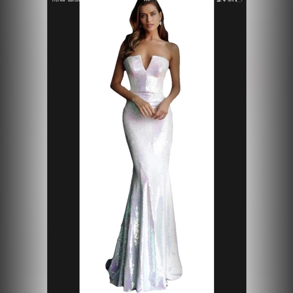 Jovani Strapless Iridescent White Gown